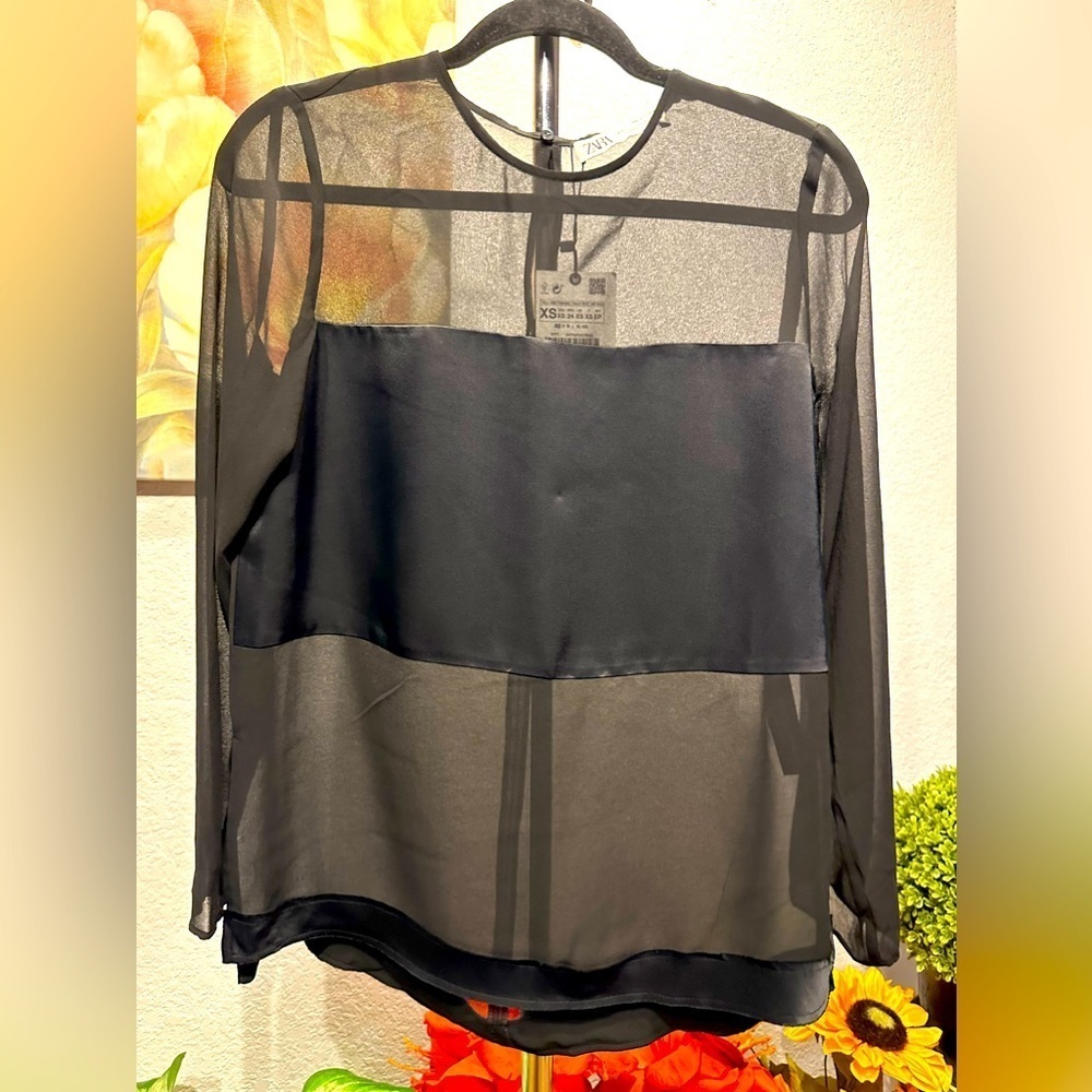 Zara Black Long Sleeve Sheer Satin Panel Chiffon Top size XS